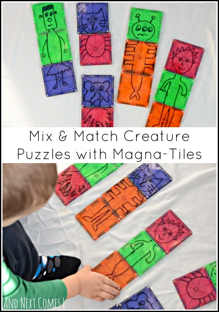 Mix and match creature puzzles using Magna-Tiles are a silly way for toddlers and preschoolers to play on or off of the light table from And Next Comes L