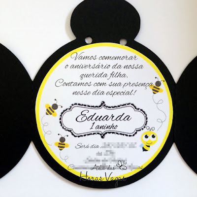 convite aniversário infantil artesanal personalizados abelhinha formato abelha jardim amarelo e preto festa
