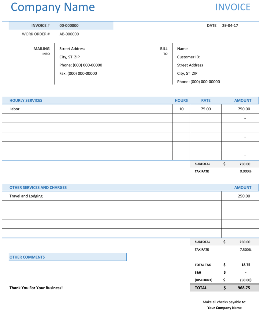 professional services invoice template excel