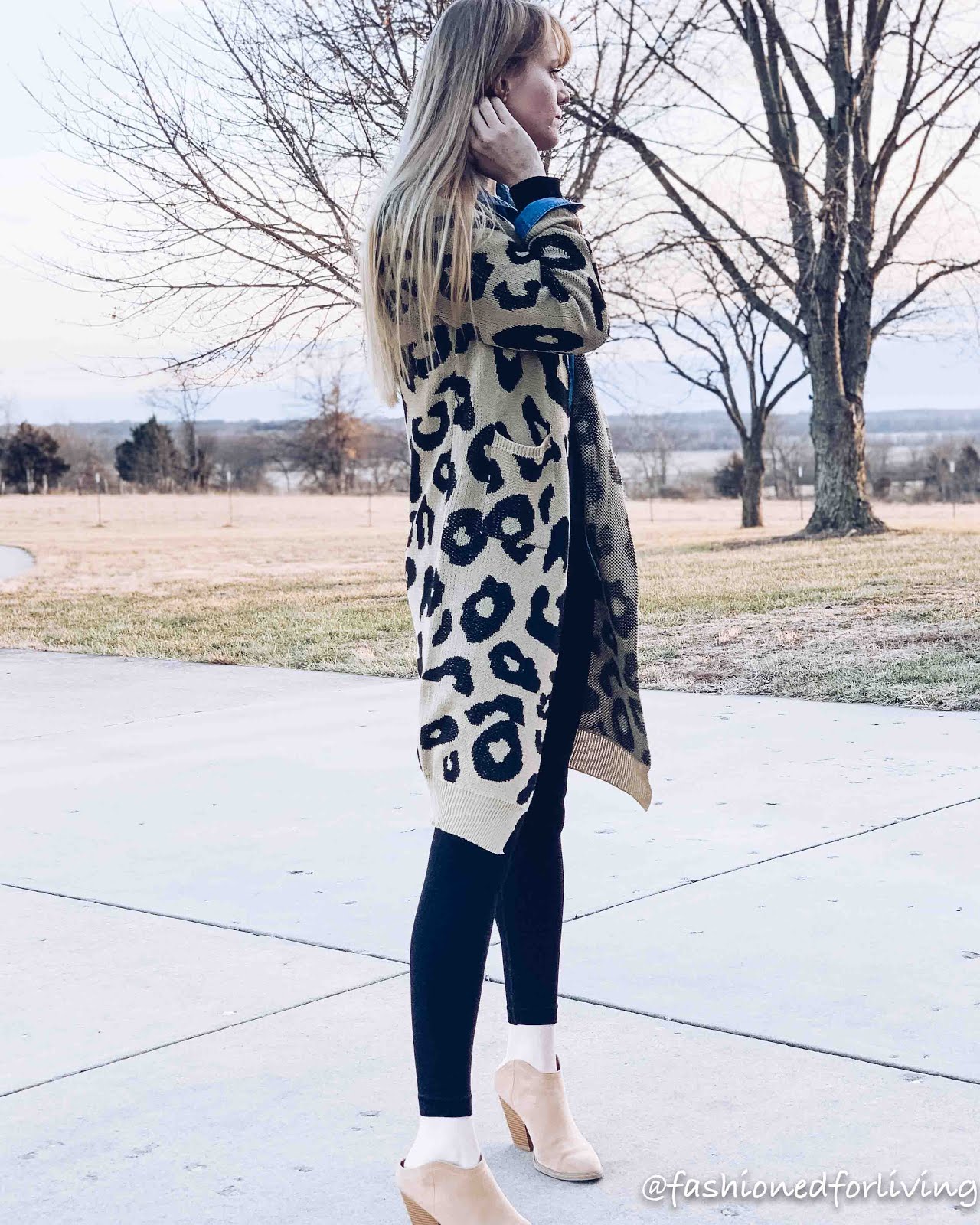 long leopard cardigan outfit with leggings, chambray shirt and mules