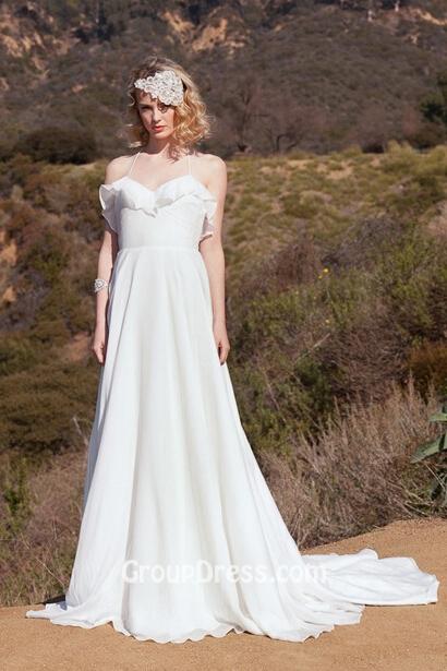 Ruffled Chiffon Halter A-Line Summer Destination Wedding Dress