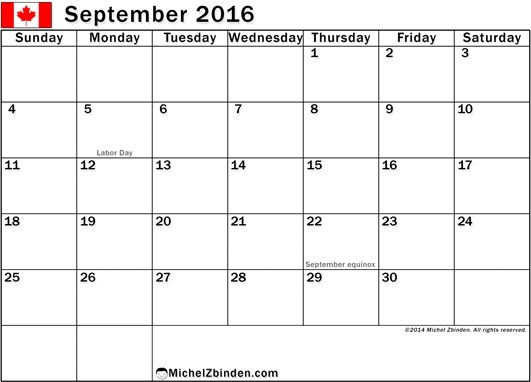  September 2016 Calendar Canada, September 2016 Calendar Canada Holidays, September 2016 Canada Calendar