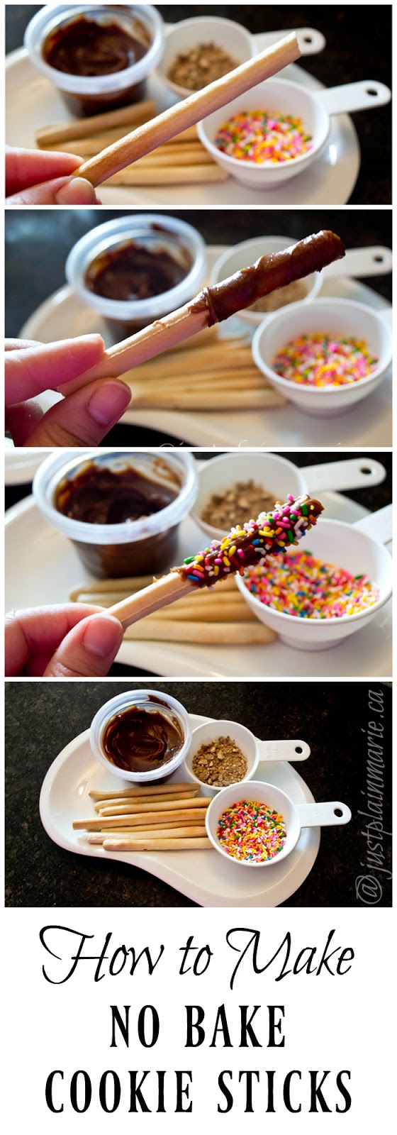 How to make no bake cookie sticks that are similar to Pocky Sticks. DIY No Bake Cookie Sticks for an easy snack.