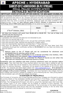 B.Pharmacy Eamcet 2012 Counseling Notification