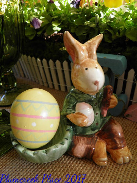 Easter Decor burlap chargers, burlap table covering, daffodils, Domestications Bunny Plates, Easter decor, Easter tablescape, Here comes Peter Cottontail, Paper Mache Bunnies, Peter Cottontail, violas