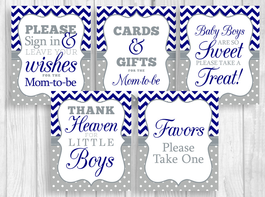 Navy Blue Chevron and Gray Polka Dots Printable Boy's Baby Shower Sign