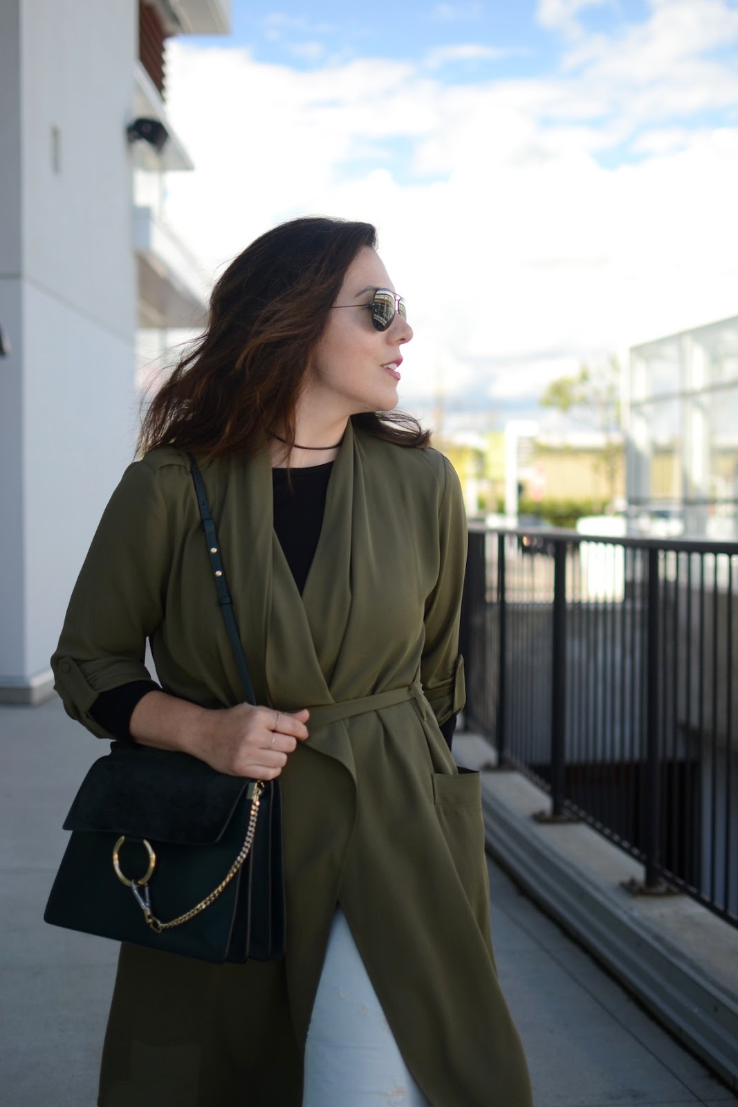 Le Chateau olive trench coat outfit green chloe faye medium bag blogger