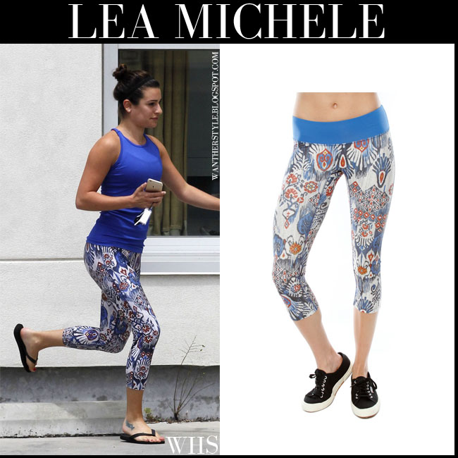 Lea Michele in blue batik print capri leggings and blue top in New