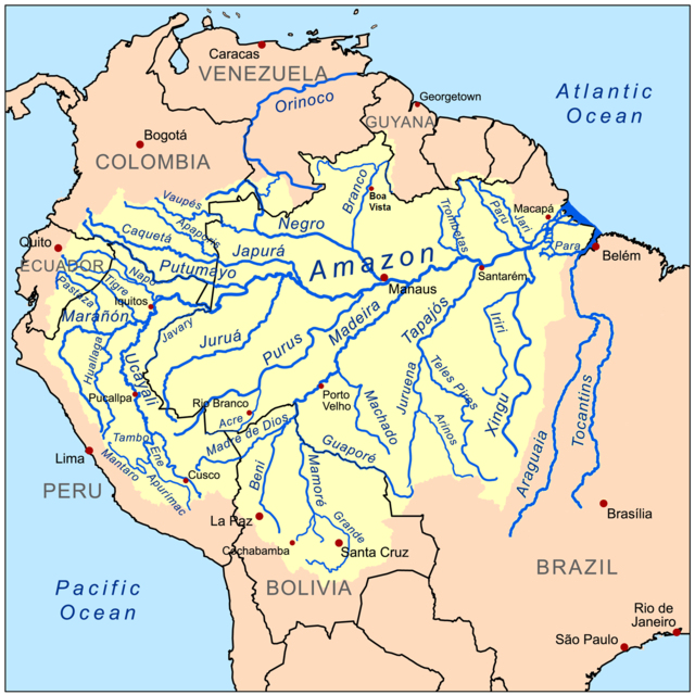 Amazon River Basin (the southern Guianas, not marked on this map, are part of the basin) Amazon River Basin (the southern Guianas, not marked on this map, are part of the basin)