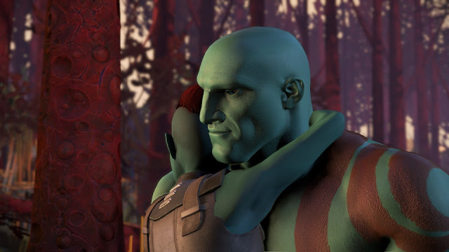 Drax doesn't laugh quite as much as he does in the film version Screenshot from Marvel's Guardians of the Galaxy: the Telltale Series