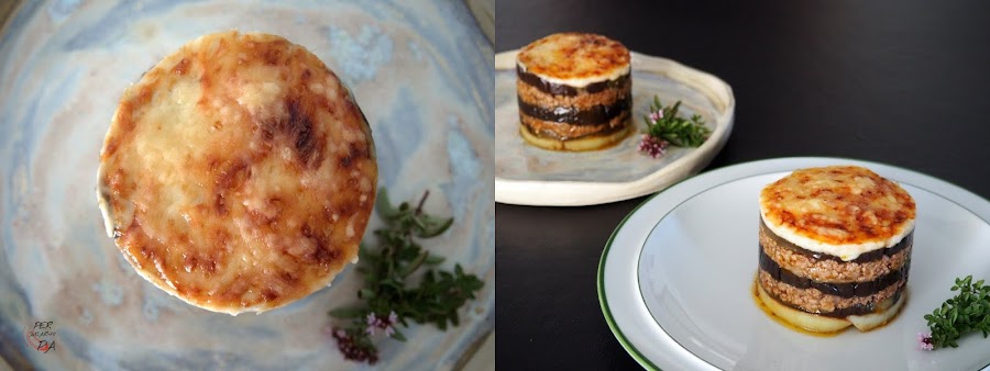 Musaka, plato tradicional de la cocina griega, es un pastel de berenjenas y carne picada, cubierto con bechamel y gratinado con queso