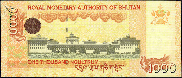 Bhutan Currency 1000 Ngultrum banknote 2008 Tashichho Dzong