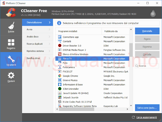 CCleaner 511 disinstalla app Windows 10, e 8