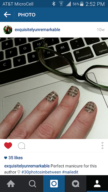 Screenshot of post featuring book text on nail wraps on hand