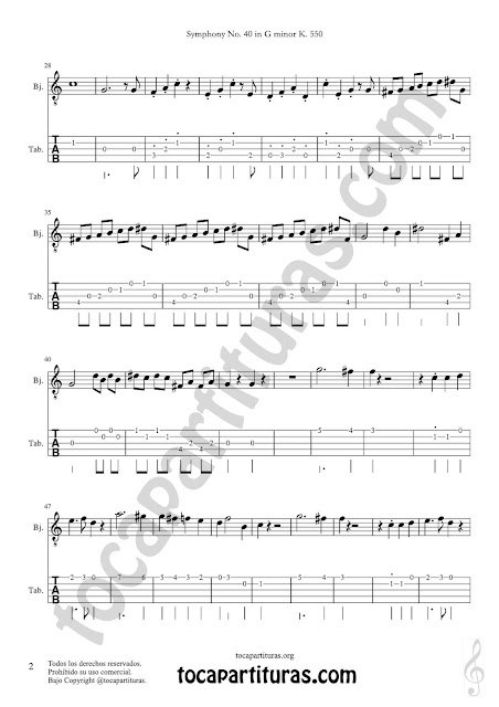 2 Symphony Nº 40 Punteo Tablature Sheet Music for Banjo Tabs Music Scores