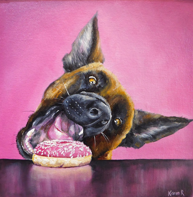 Oil painting in pink of a dog stealing a pink donut