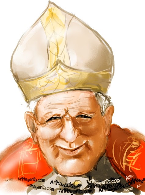 Pope John Paul II caricature cartoon. Portrait drawing by caricaturist Artmagenta