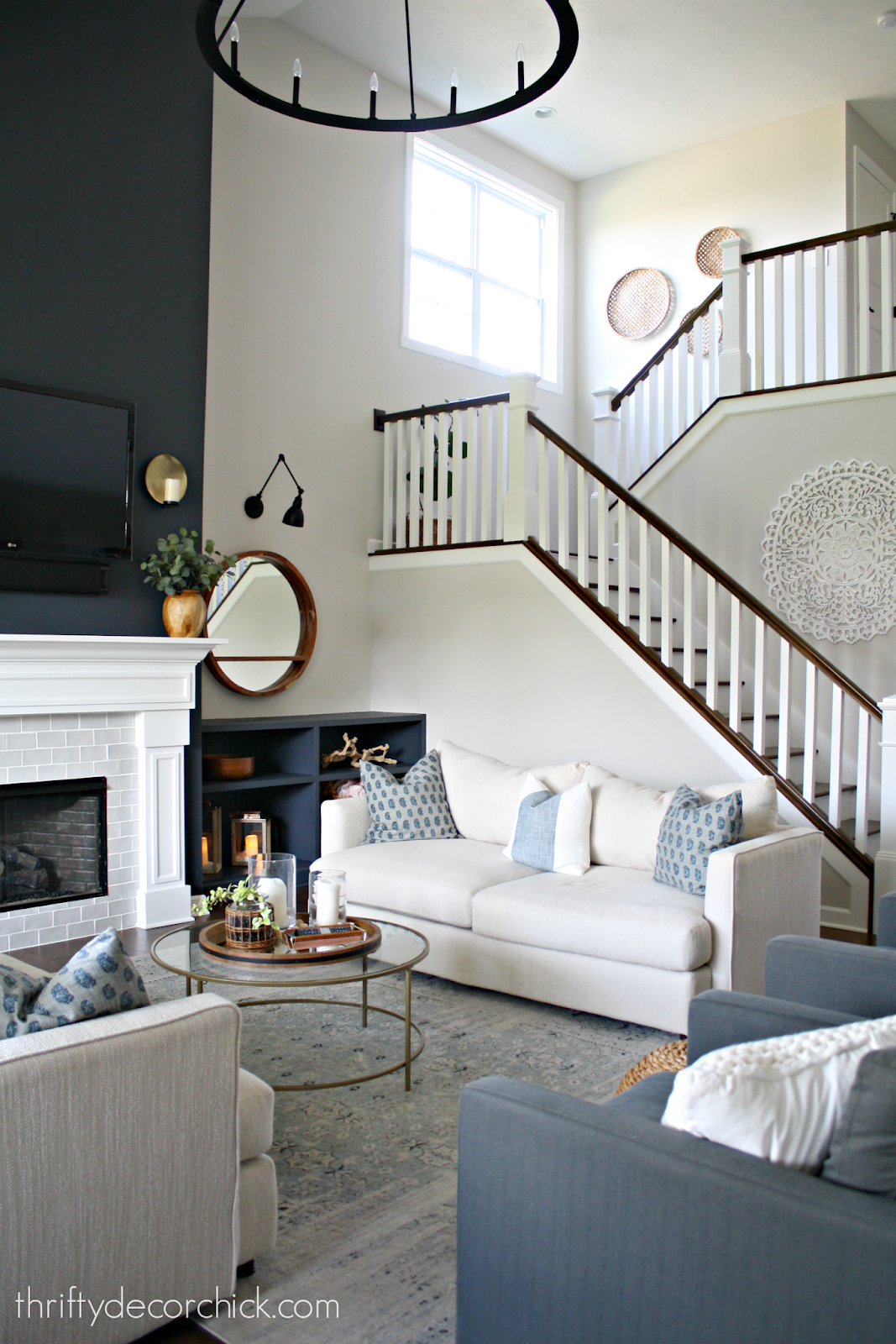 Dark blue gray color on big fireplace walls