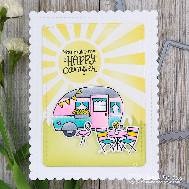 Happy Camper Card by Juliana Michaels featuring Newton's Nook Designs Cozy Camper Stamp Set and Sunscape Stencil
