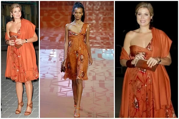 Dutch Queen Maxima wears Valentino one shoulder open dress in brown