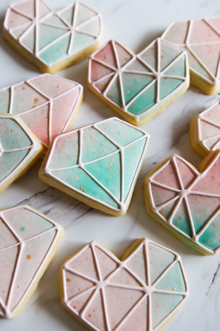 how to make Watercolor Geometric Heart and Gem Cookies | bakeat350.net
