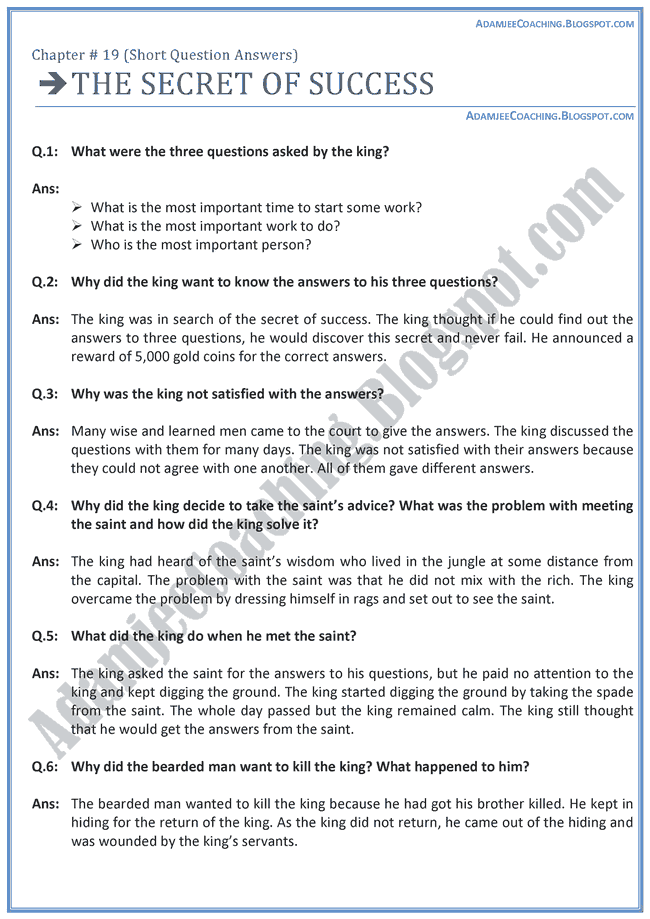 Adamjee Coaching The Secret of Success Question Answers English IX