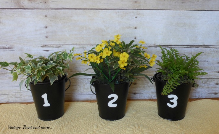 Vintage, Paint and more... plain tin buckets made trendy with painted stenciled numbers and little plants