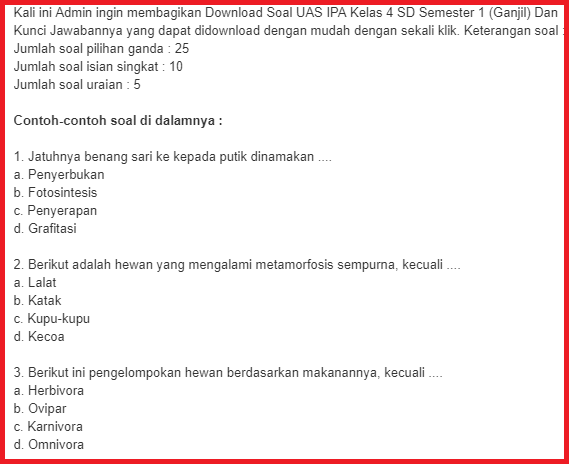 Soal Uas Ipa Kelas 4 Sd Semester 1 Dan Jawabannya Revisi 2018 2019 Rpp Kurtilas Sd
