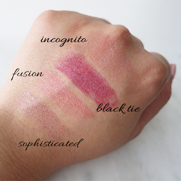 Swatches of new Dior Addict Lipstick shades for fall 2016: Sophisticated, Fusion, Black Tie, Incognito