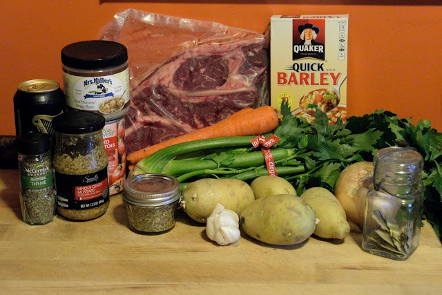 The ingredients needed to make the beef and barley stew.  