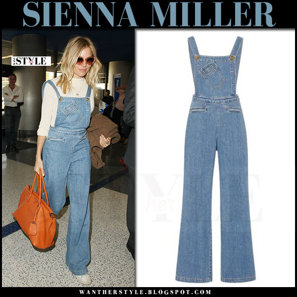 Sienna Miller in denim overalls and white sneakers at LAX on November
