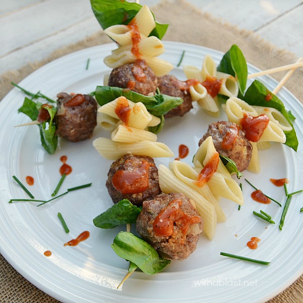 Serve these FUN Italian Meatball and Pasta Sticks for dinner, with veggies or salad on the side, or serve as an Appetizer