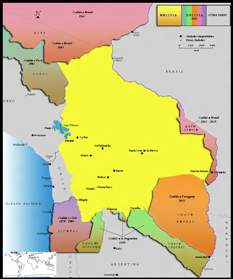 Mapa Territorios perdidos por Bolivia por guerra o diplomacia según la historiografía boliviana