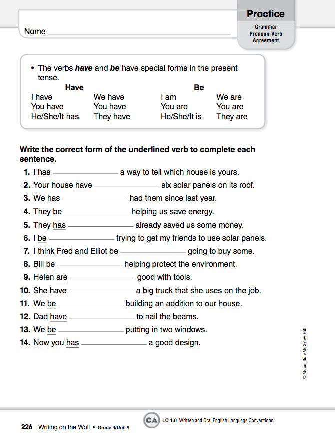 Verb Pronoun Agreement Worksheet 7th Grade