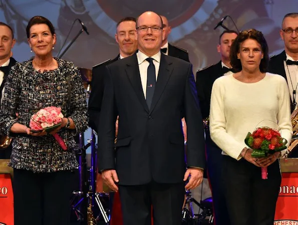 Prince Albert of Monaco and his sisters Caroline, Princess of Hanover and Princess Stéphanie of Monaco attended celebrations of 50th anniversary of the Police Orchestra, style, jewelery, diamond earrings, wedding dress, wedding diamond, fashion