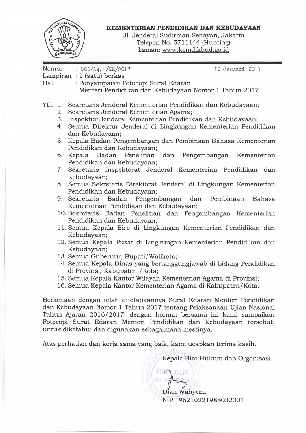 Surat Edaran Mendikbud No 1 Tahun 2017 Tentang Pelaksanaan Un Tahun Ajaran 2016 2017 Bangren Belajar