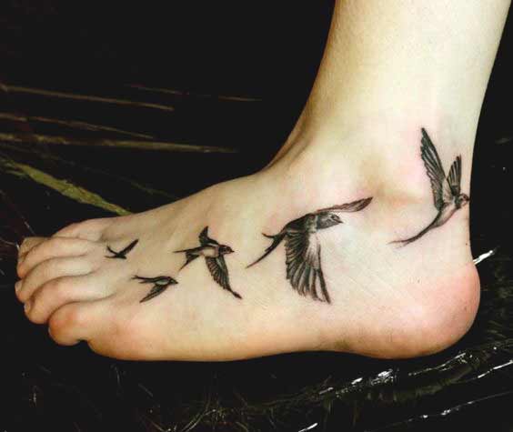 Realistic Foot Flower Bird Tattoo by Evil From The Needle