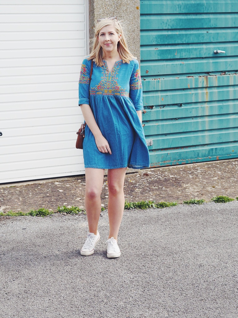 embroidereddenimdress, ASOS, asseenonme, wiw, whatimwearing, outfitpost, outfitoftheday, ootd, lotd, lookoftheday, Converse, skaterdress, denimdress, summerdress, embroidery