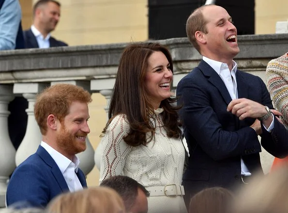 Prince William and Prince Harry . Kate Middleton wore See By Chloe cotton blend dress, Monsoon Fleur wedges and Acne Studios Leather waist belt