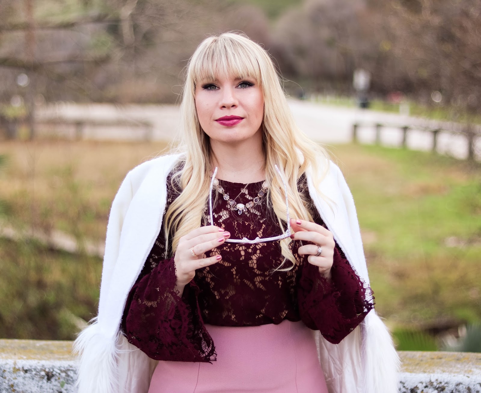 Elizabeth Hugen of Lizzie in Lace styles a Pink and Plum Valentine's Day Outfit