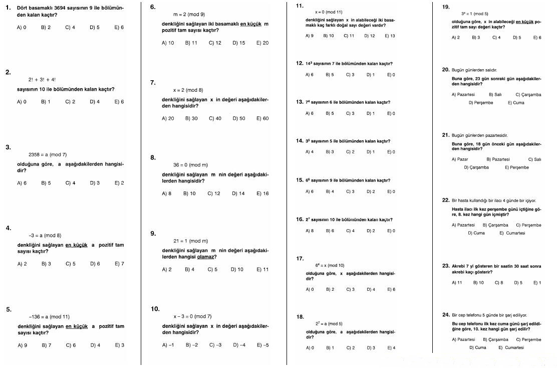 Ders 2013: Matematik modüler aritmetik testi sorulari