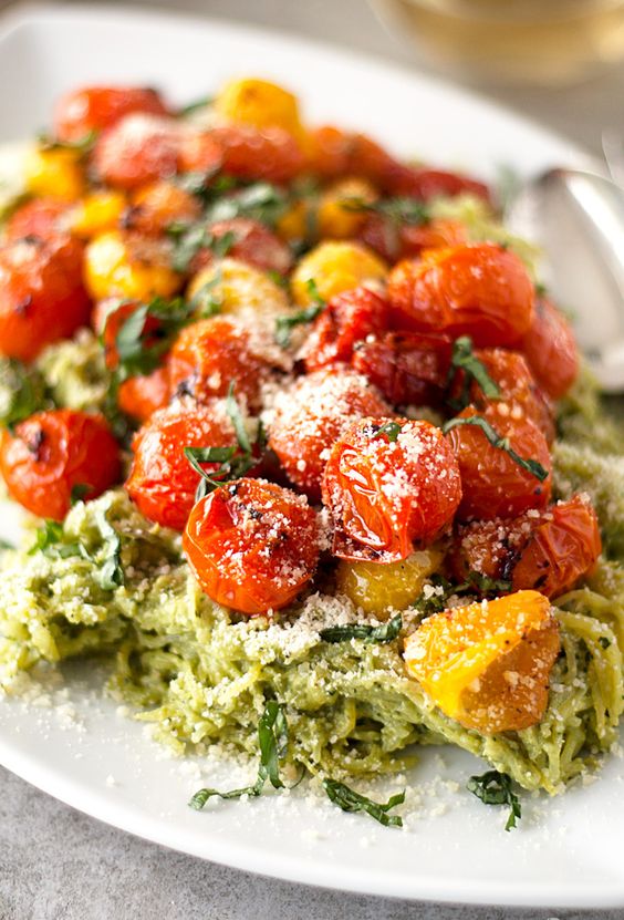 pesto spaghetti squash with roasted tomatoes Tasty Foods