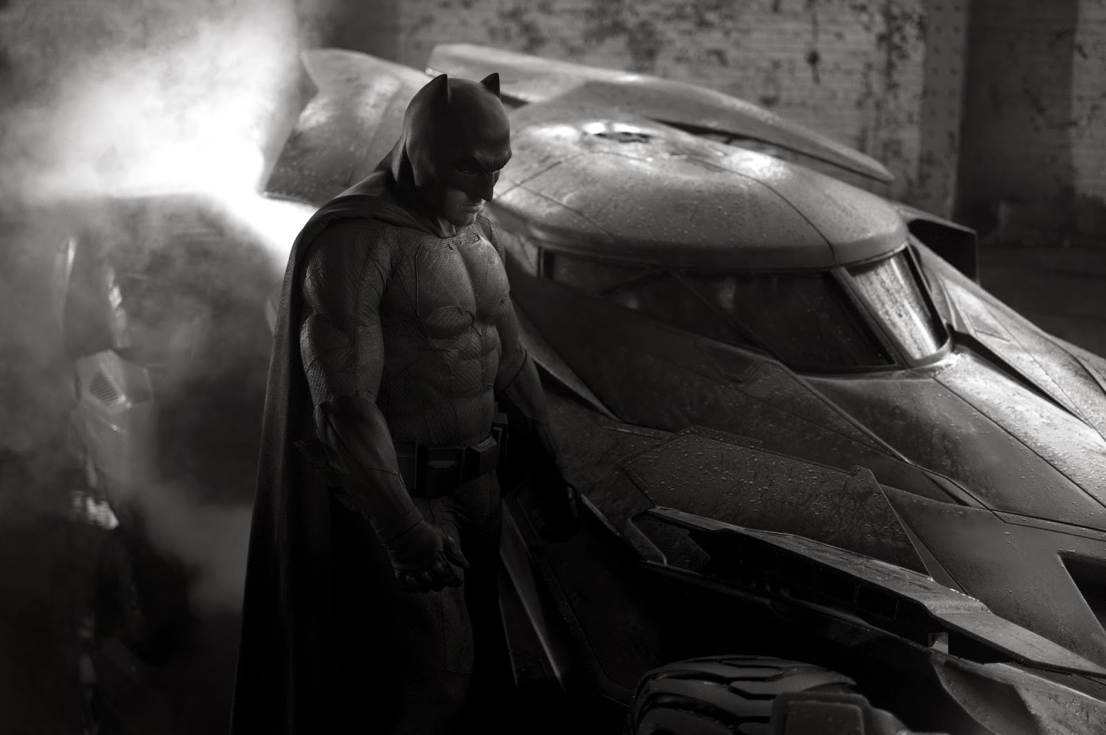 Ben Affleck as Batman.  The batsuit is heavily influenced by "The Dark Knight Returns," with short stubby ears on the cowl and an oversized bat on his chest.