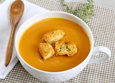 Sweet potato bisque with homemade seasoned croutons