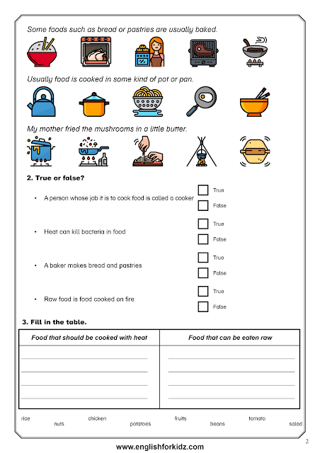 Reading comprehension worksheet dedicated to the topic of cooking