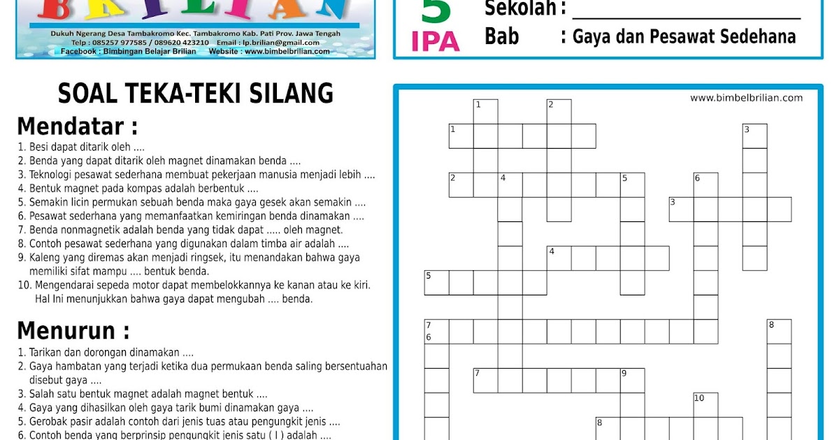 Soal Teka Teki Silang Tts Sd Kelas 5 Serpihan 5 Gaya Dan Pesawat Sederhana Edukasi Pembbelajaran
