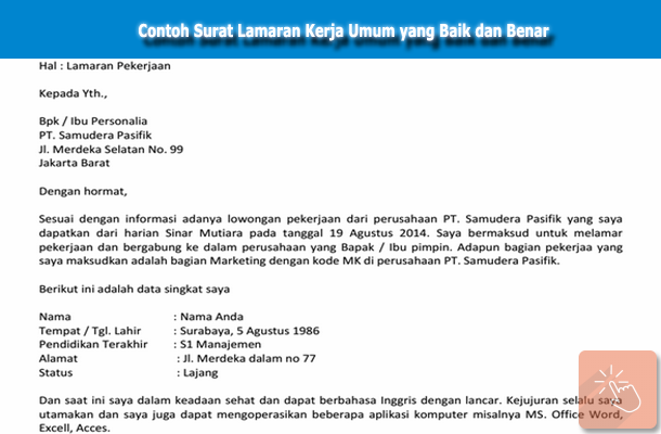 Contoh Surat Lamaran Kerja Umum yang Baik dan Benar  Klik 