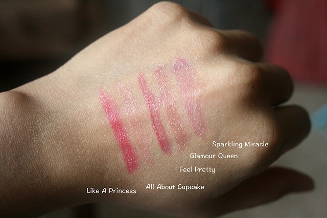 Essence Sheer and Shine Lipsticks Like A Princess, All About Cupcake, I feel Pretty, Glamour Queen, Sparkling Miracle Swatches
