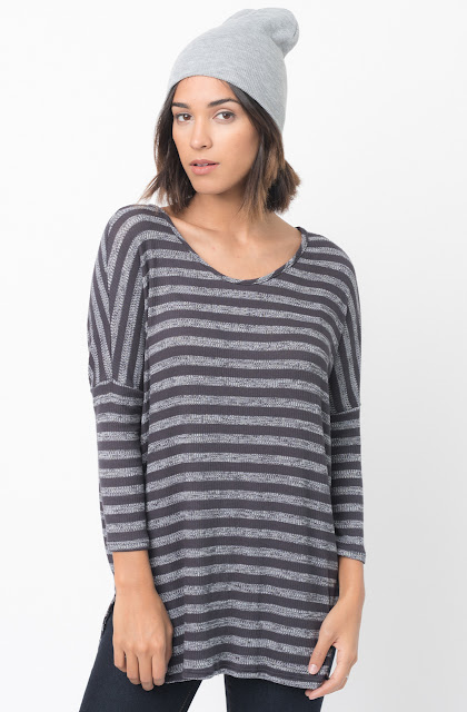 Shop for Charcoal Striped long sleeve pullover crew neck Tunic  Online - $38 - on caralase.com