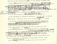 A page of typed text with heavy, handwritten annotations.